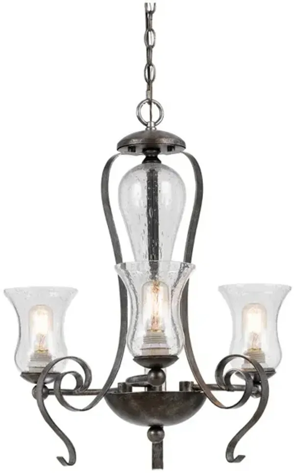 3 Bulb Chandelier with Scrolled Metal Frame and Glass Shades,Gray and Clear-Benzara