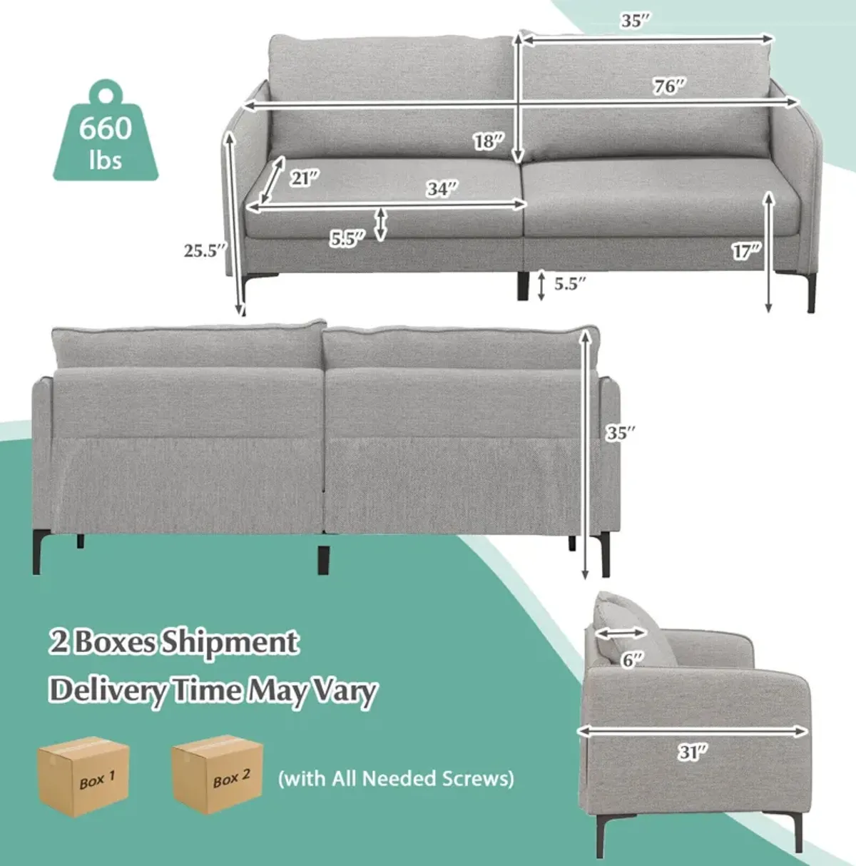 Modern 76 Inch Loveseat Sofa Couch for Apartment Dorm with Metal Legs-Gray