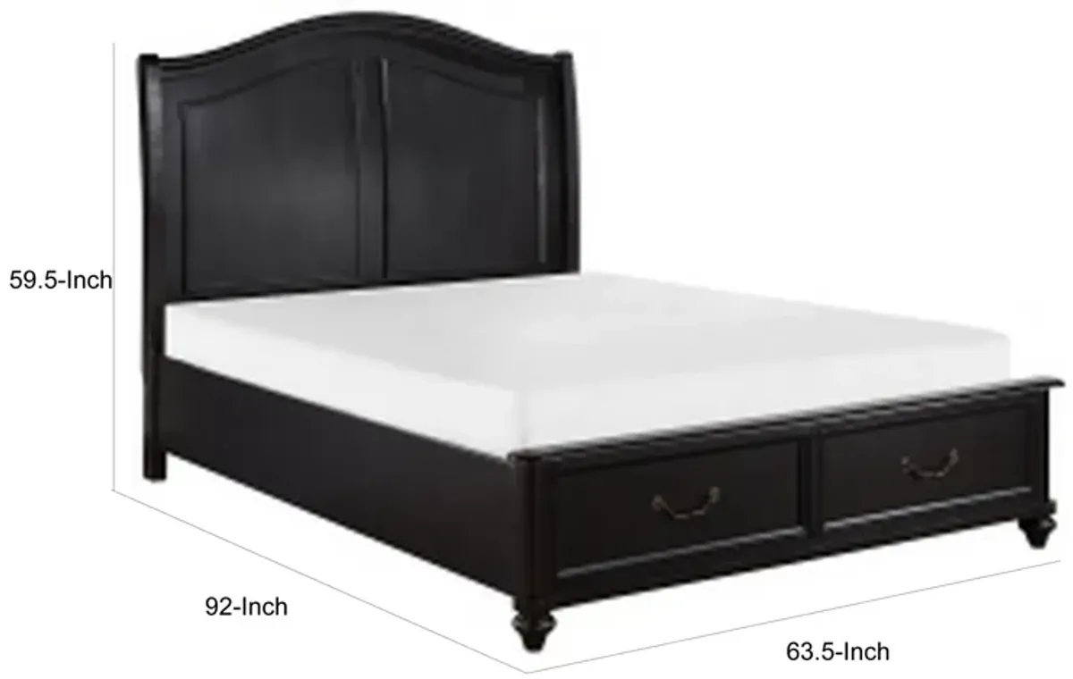 Vix Queen Size Platform Bed, Panel Arch Design, 2 Storage Drawers, Black - Benzara