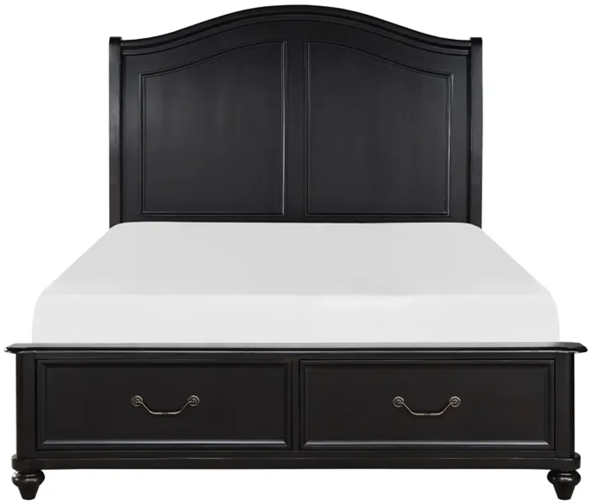 Vix Queen Size Platform Bed, Panel Arch Design, 2 Storage Drawers, Black - Benzara