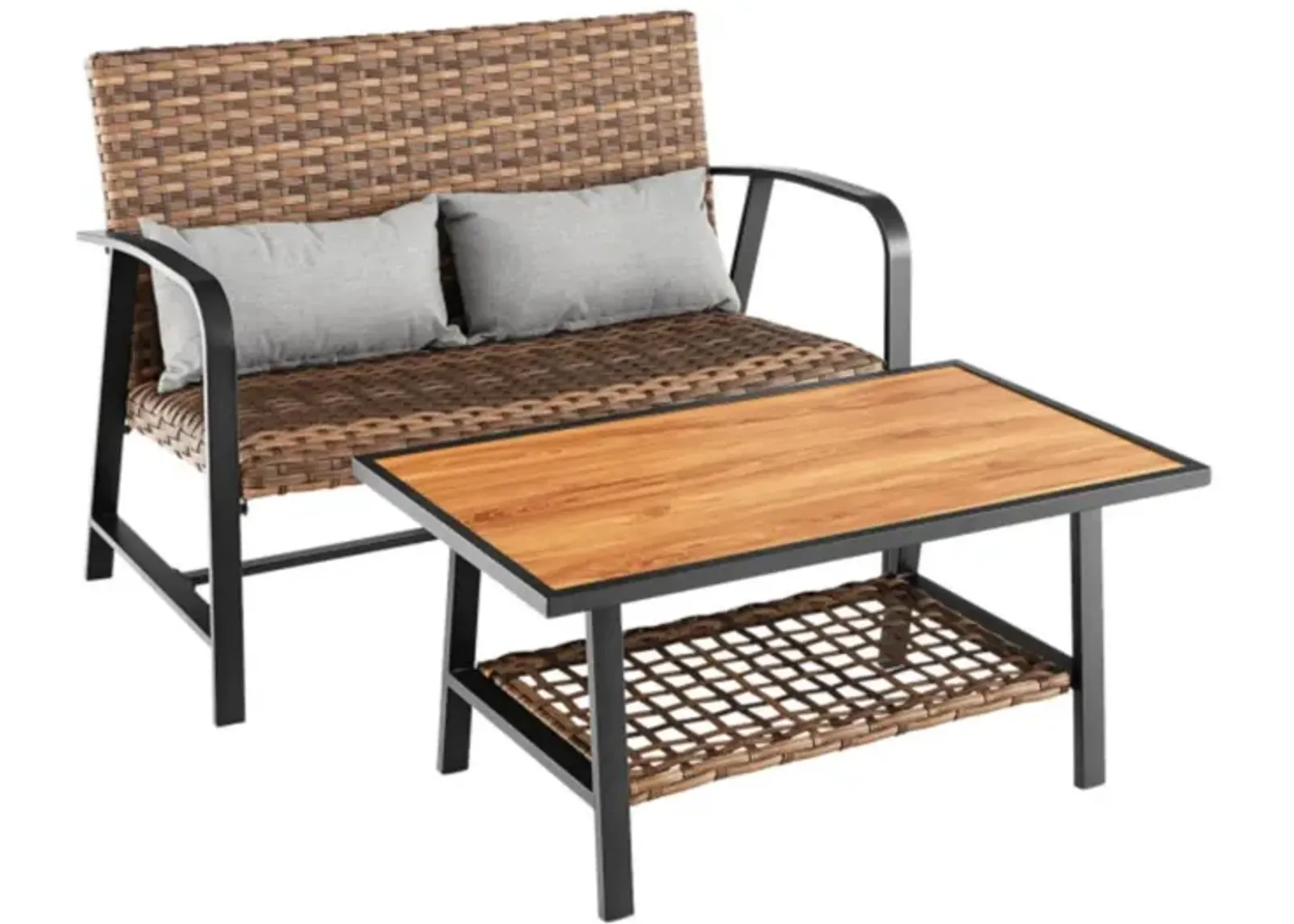 Hivvago 2 Pieces Patio Rattan Coffee Table Set with Shelf and Quick Dry Cushion