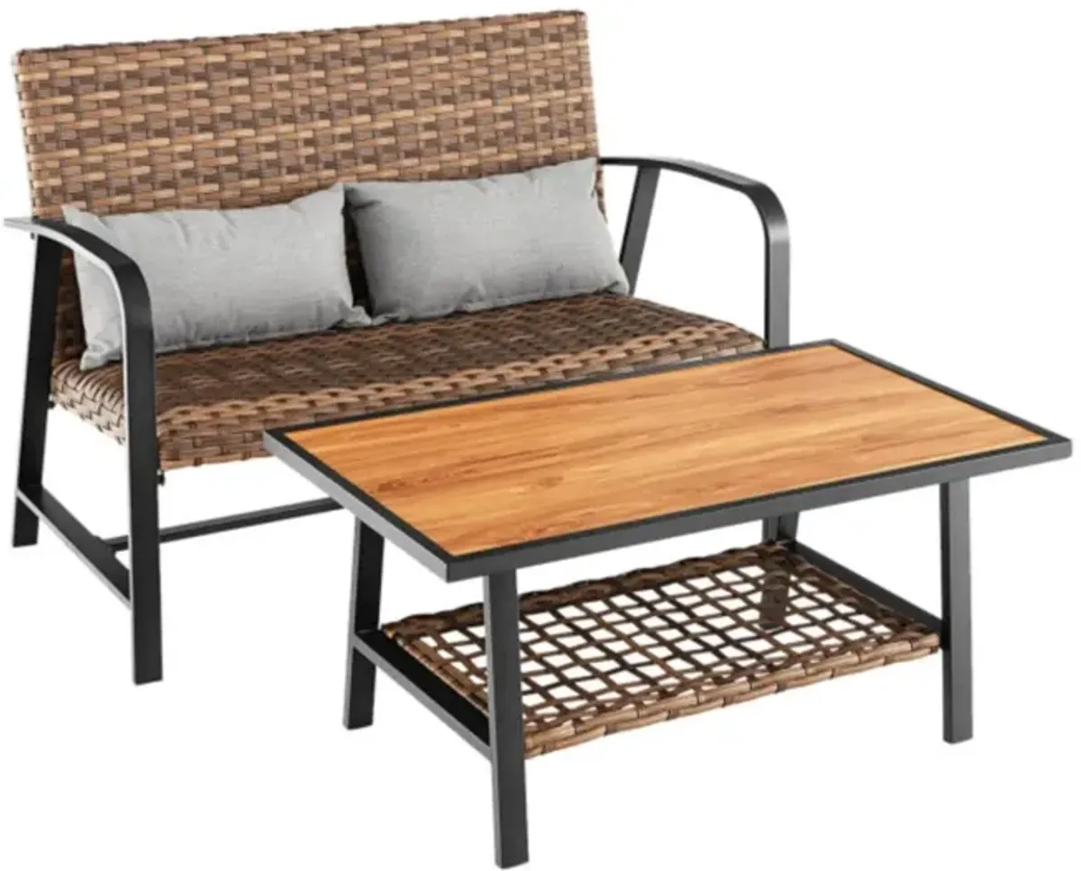 Hivvago 2 Pieces Patio Rattan Coffee Table Set with Shelf and Quick Dry Cushion