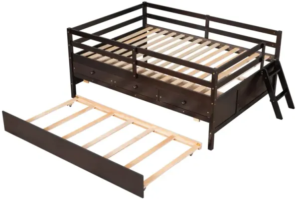 Low Loft Bed Full Size With Full Safety Fence, Climbing Ladder, Storage Drawers And Trundle