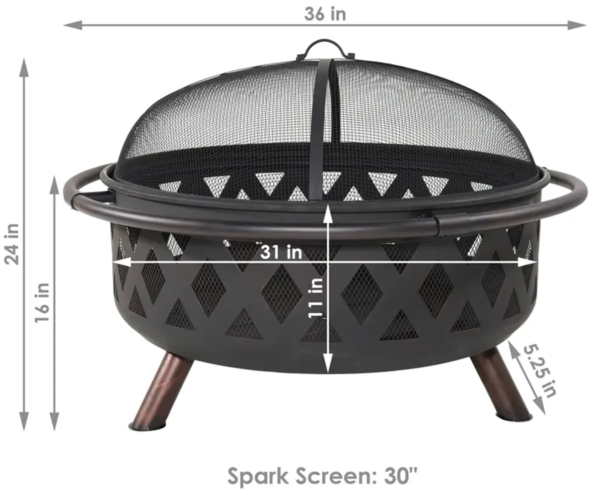 Sunnydaze 36 in Crossweave Steel Fire Pit with Screen, Poker, and Cover