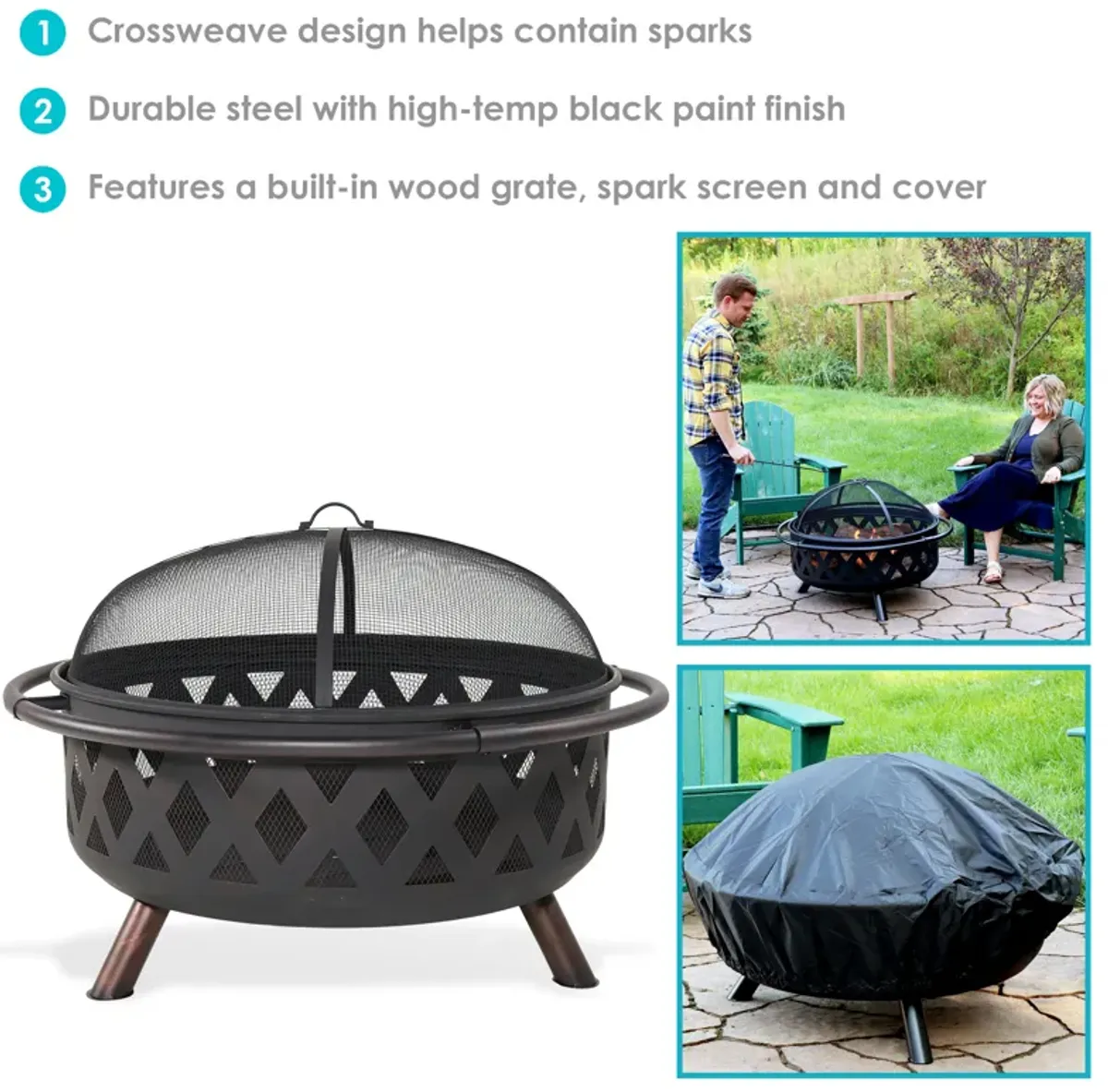 Sunnydaze 36 in Crossweave Steel Fire Pit with Screen, Poker, and Cover