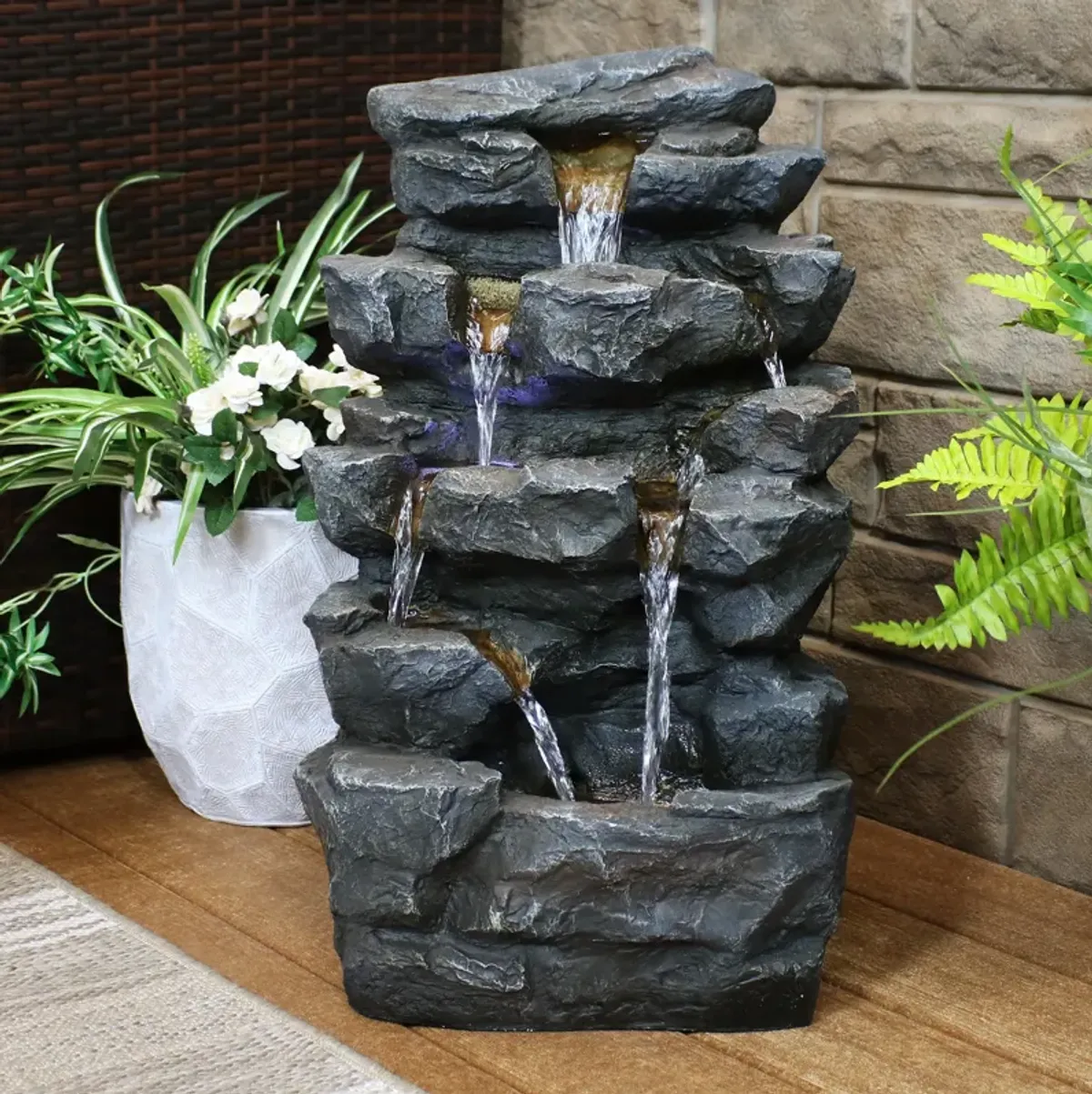 Sunnydaze Polyresin Grotto Falls Water Fountain with LED Lights - 24 in