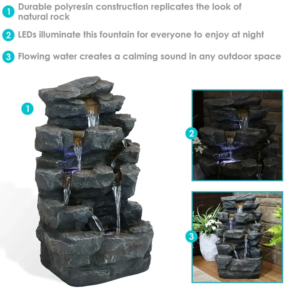 Sunnydaze Polyresin Grotto Falls Water Fountain with LED Lights - 24 in