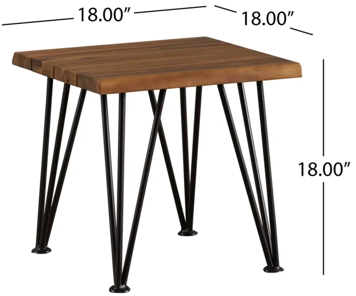 Zion Outdoor Accent Table, 18 Inch Square, Hairpin Legs, Brown Wood - Benzara