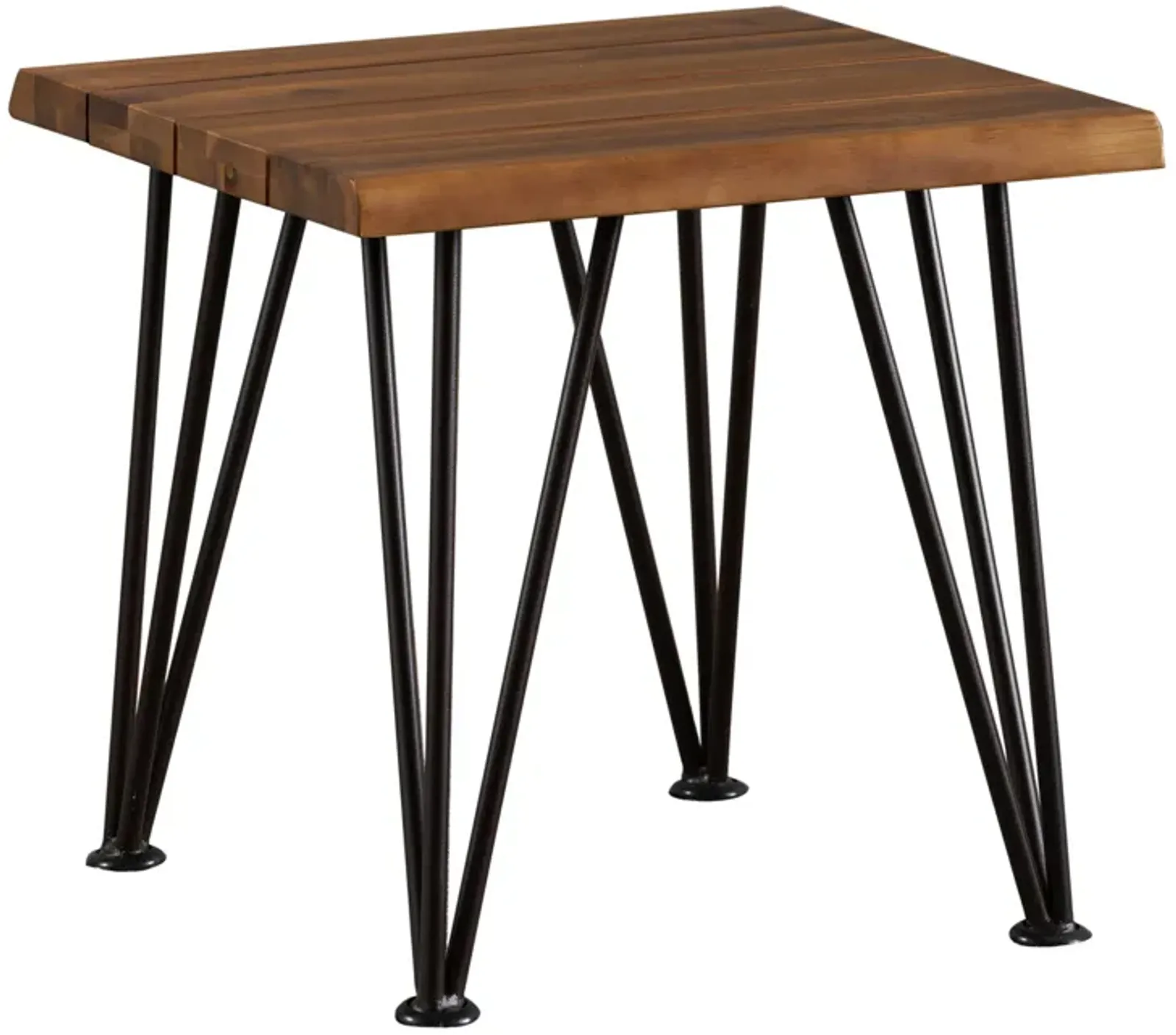 Zion Outdoor Accent Table, 18 Inch Square, Hairpin Legs, Brown Wood - Benzara