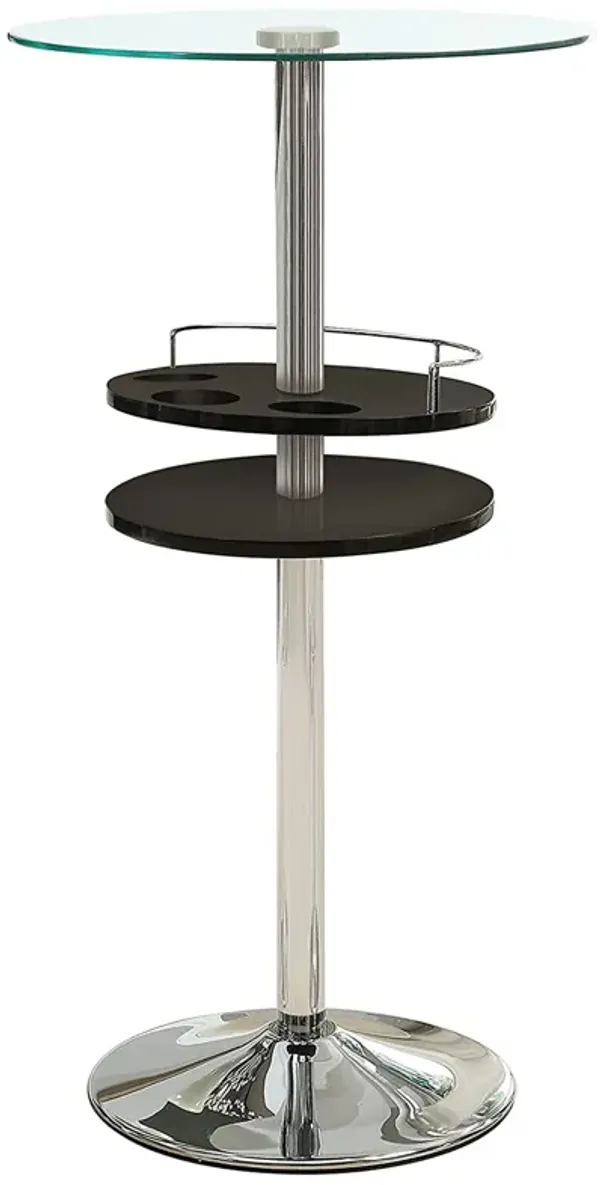 Round Bar Table with Tempered Glass Top and Storage, Black and Chrome-Benzara