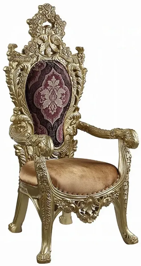 Rexx Dining Armchair Set of 2, Crown Top, Nailhead Trim, Gold and Red - Benzara