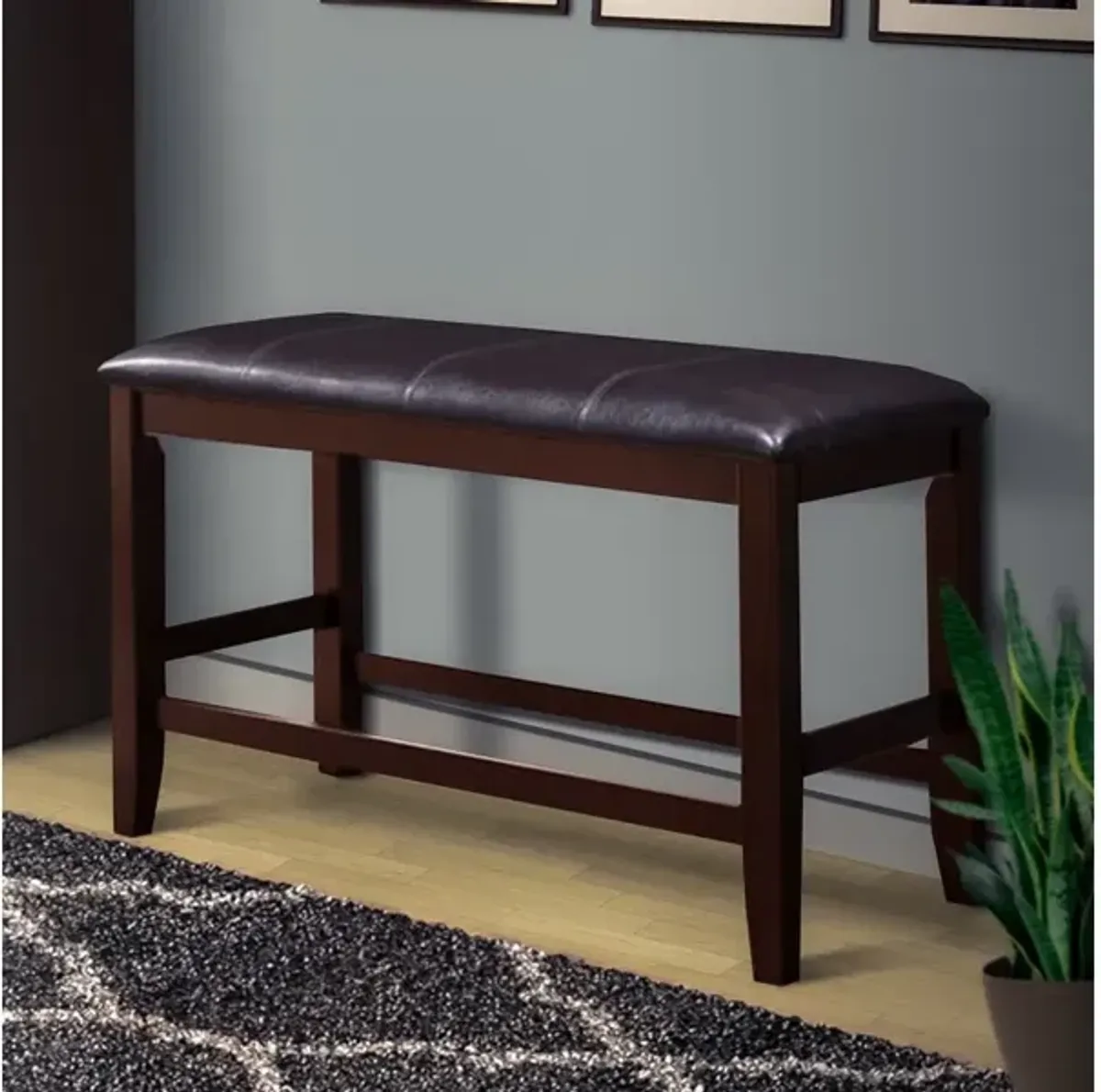 Wooden Counter Height Bench with Leatherette Seat, Brown and Black - Benzara