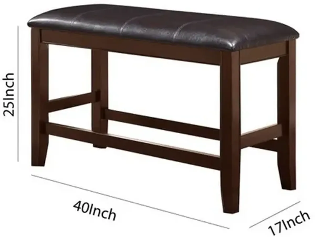 Wooden Counter Height Bench with Leatherette Seat, Brown and Black - Benzara