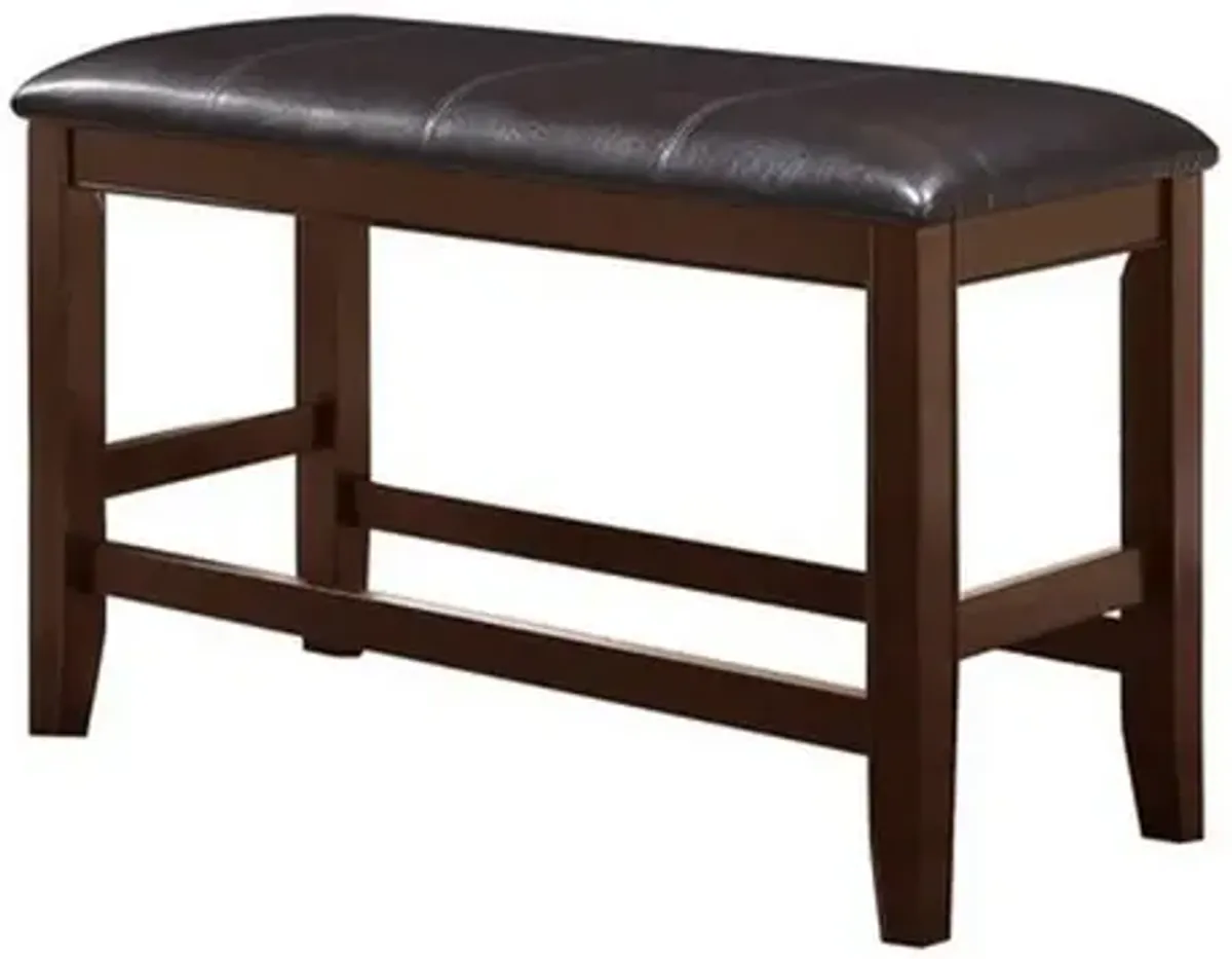 Wooden Counter Height Bench with Leatherette Seat, Brown and Black - Benzara