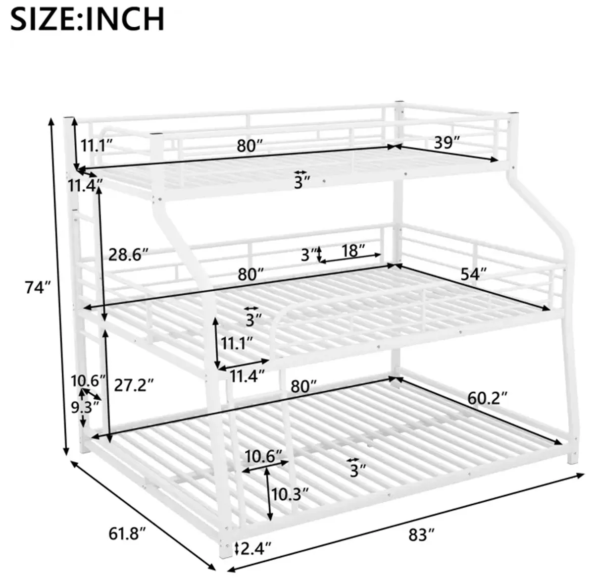 Twin XL/Full XL/Queen Triple Bunk Bed With Long And Short Ladder And Full-Length Guardrails