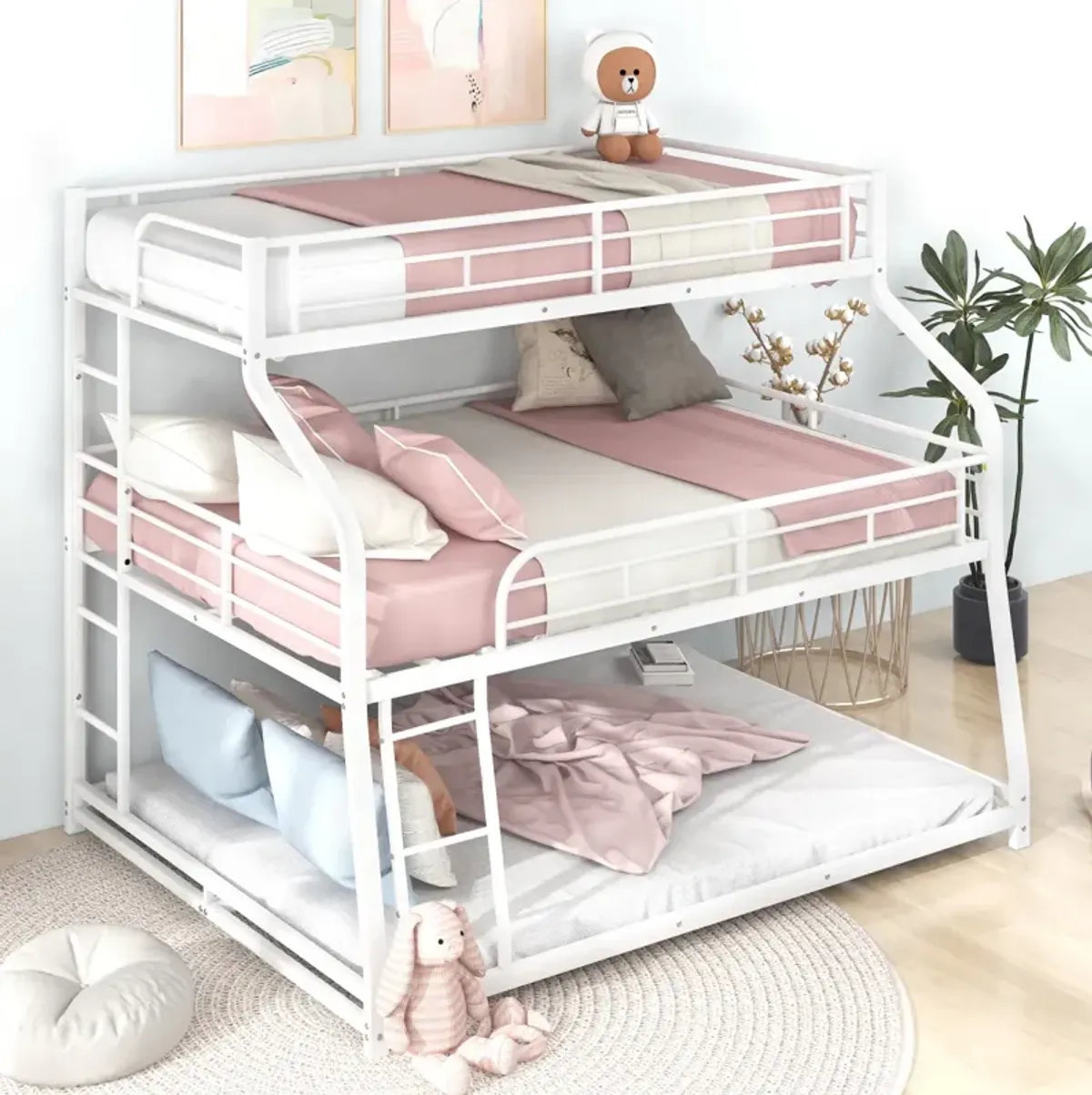 Twin XL/Full XL/Queen Triple Bunk Bed With Long And Short Ladder And Full-Length Guardrails