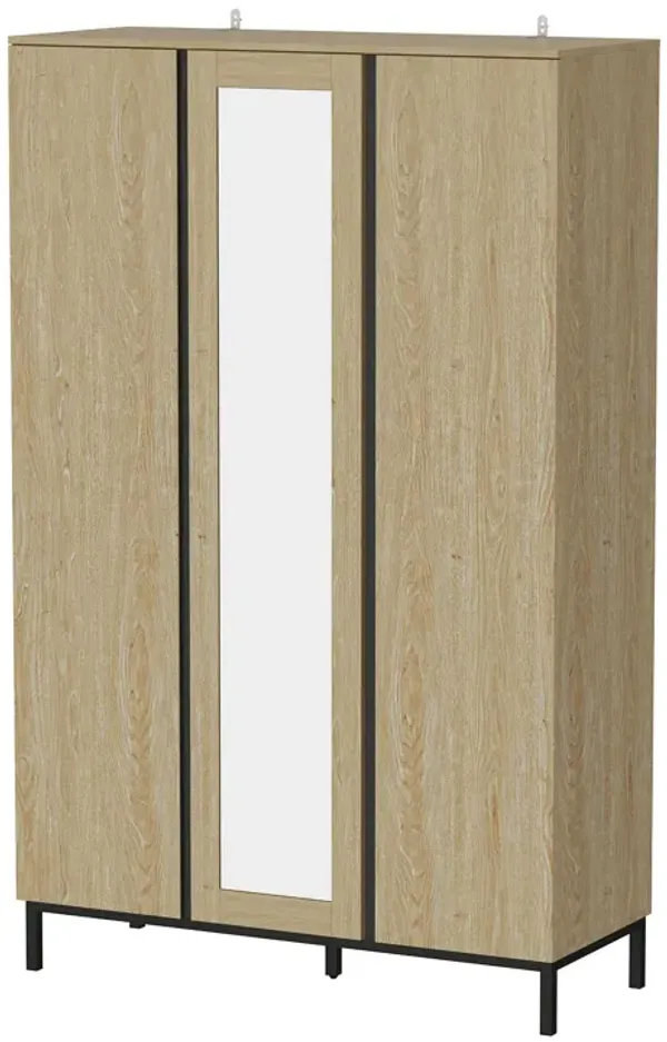 Wardrobe Armoire with Mirror, 3 Doors, Hanging Rod & 6 Storage Compartments, Wooden Closet Storage Cabinet with Metal Legs for Bedroom, Brown (47.2”L x 18.9”W x 74.8”H)