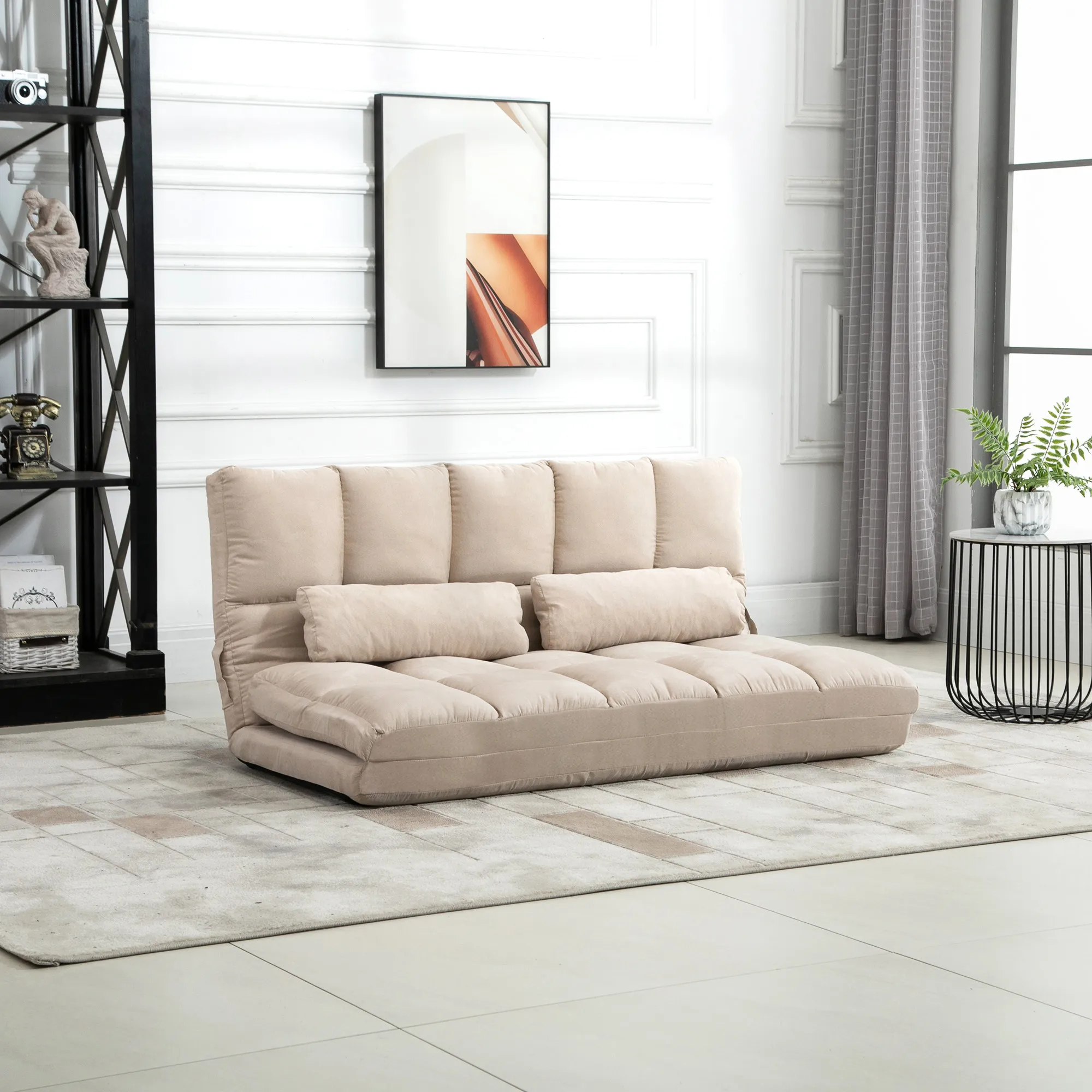 2-In-1 Multifunction Chaise Recliner Upholstered Floor Couch w/Metal Frame Beige