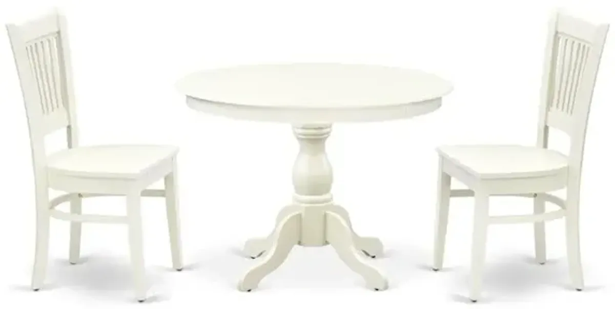 East West Furniture - HBVA3-LWH-W - 3-Pc Modern Dining Table Set- 2 Dining Chair and Wooden Dining Table - Wooden Seat and Slatted Chair Back - Linen White Finish