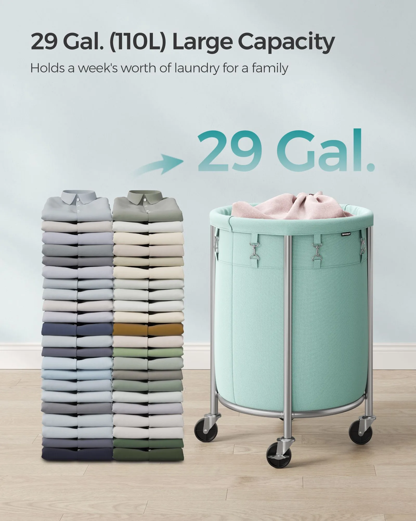 Laundry Basket with Wheels and Removable Bag, Steel Frame, 4 Casters and 2 Brakes