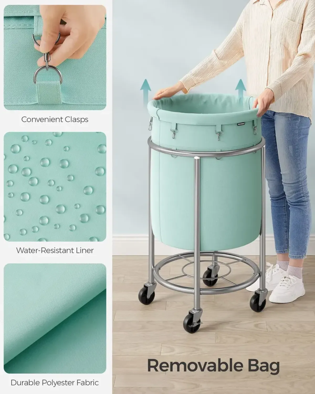 Laundry Basket with Wheels and Removable Bag, Steel Frame, 4 Casters and 2 Brakes