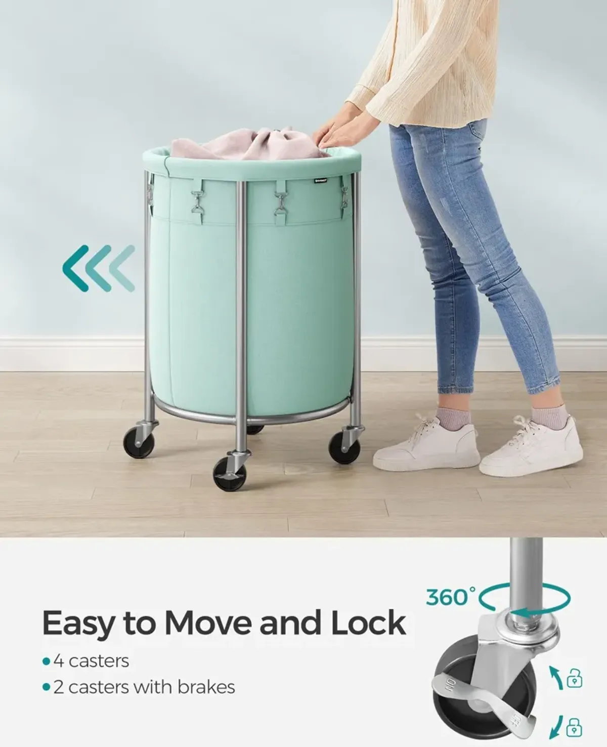 Laundry Basket with Wheels and Removable Bag, Steel Frame, 4 Casters and 2 Brakes