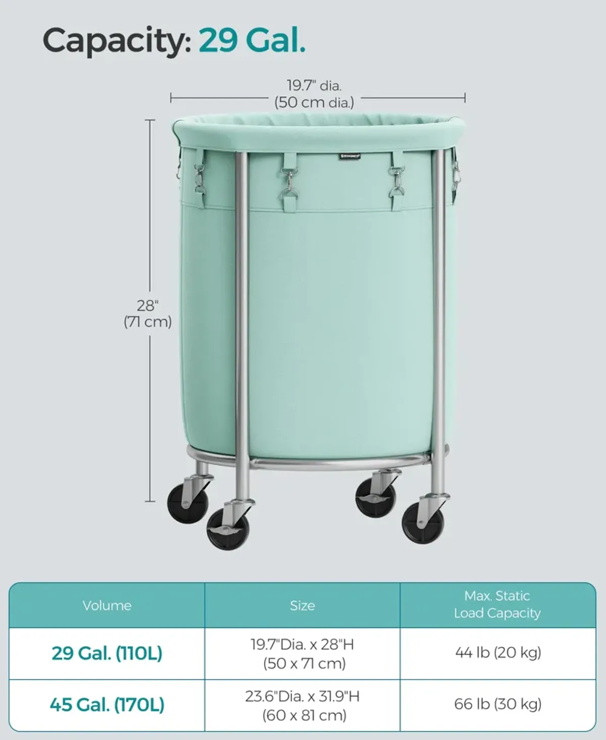 Laundry Basket with Wheels and Removable Bag, Steel Frame, 4 Casters and 2 Brakes