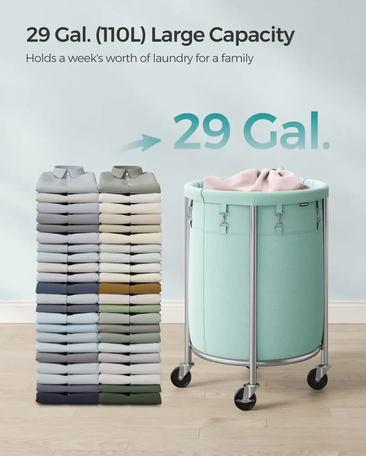 Laundry Basket with Wheels and Removable Bag, Steel Frame, 4 Casters and 2 Brakes