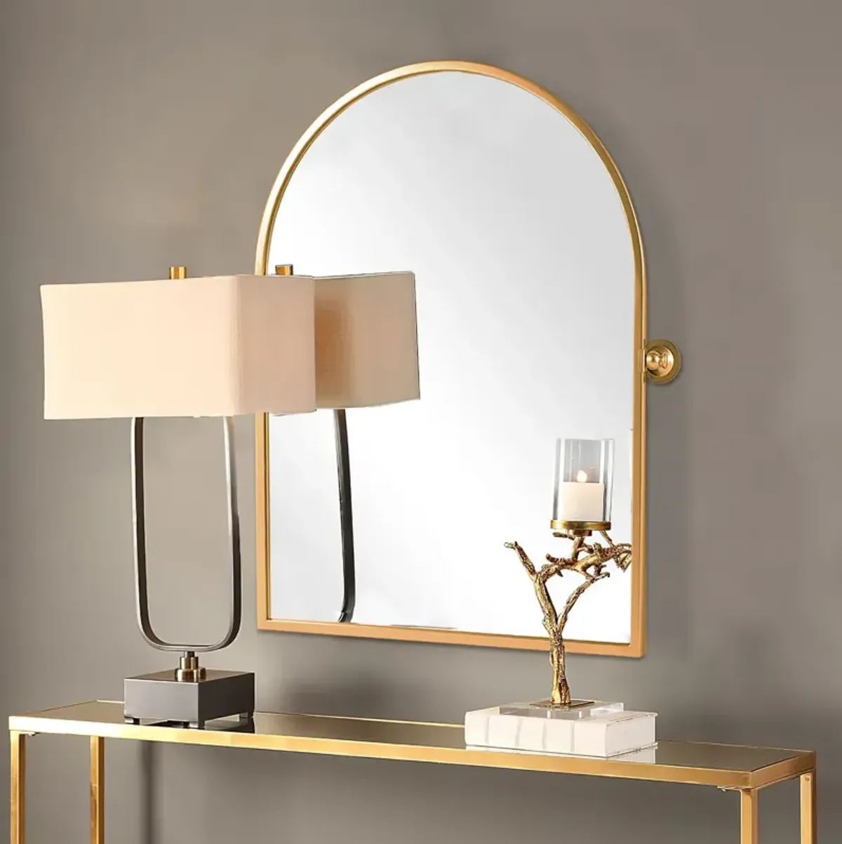 23*32 Modern Arch-Top Metal Framed Gold Pivoted Bathroom Vanity Mirror