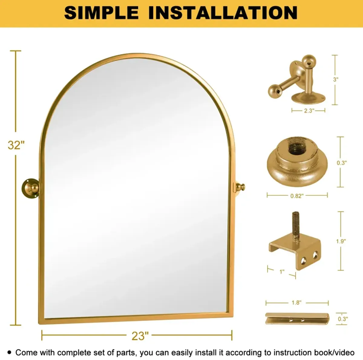 23*32 Modern Arch-Top Metal Framed Gold Pivoted Bathroom Vanity Mirror