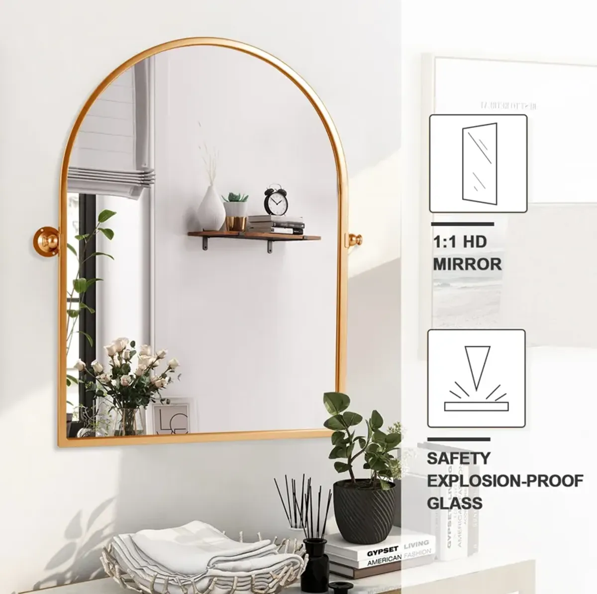 23*32 Modern Arch-Top Metal Framed Gold Pivoted Bathroom Vanity Mirror