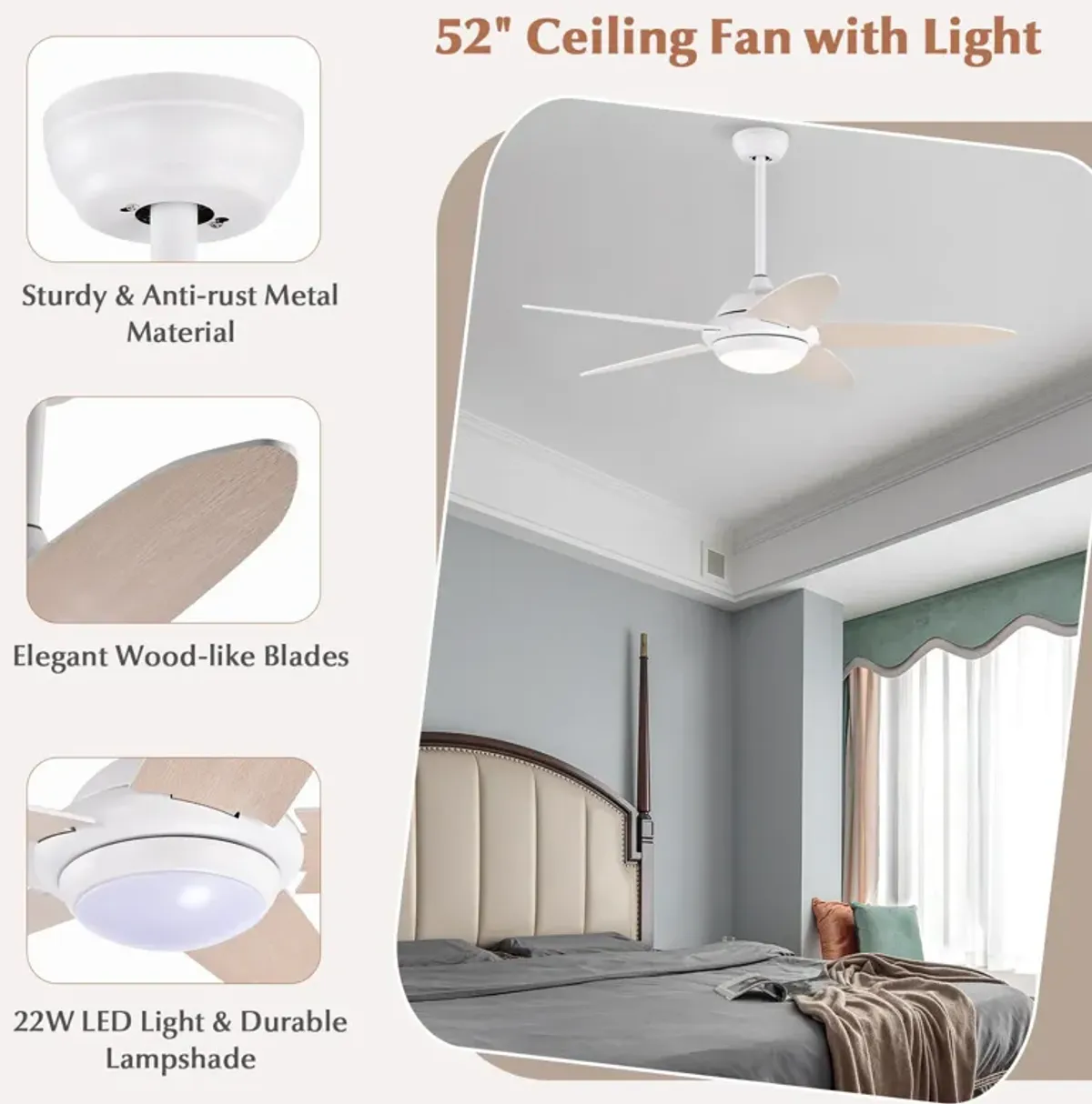 52 Inch Ceiling Fan with Lights and 3 Lighting Colors