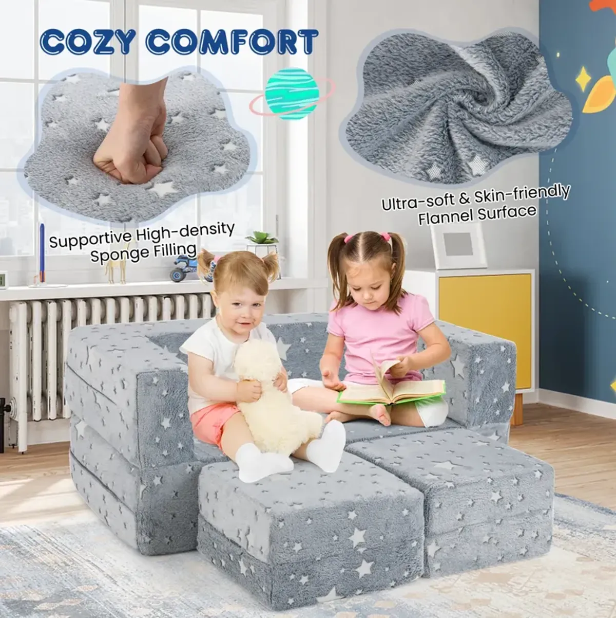 2 Seater Kids Play Couch with Removable and Machine Washable Flannel Cover