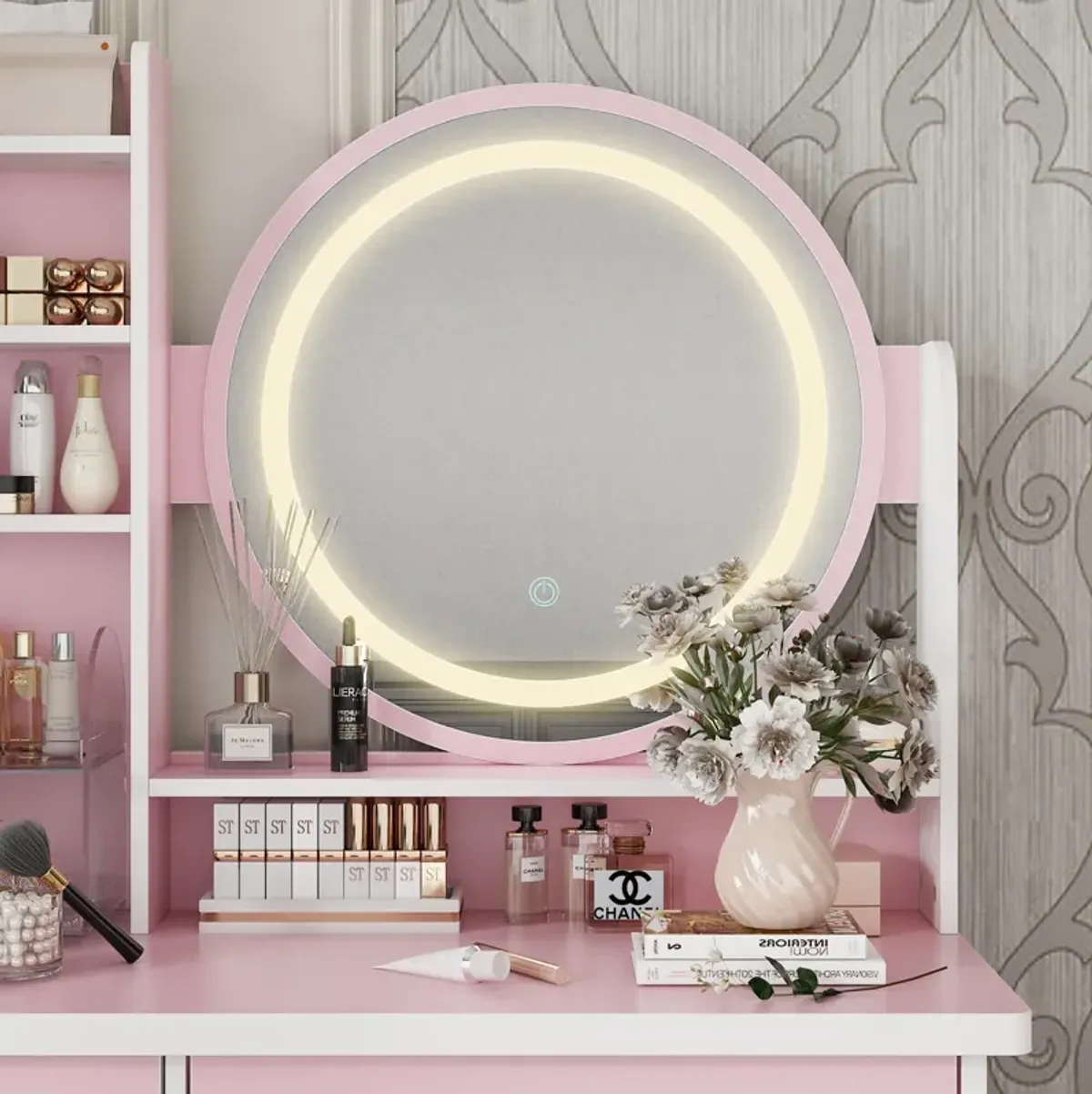 FUFU&GAGA Contemporary Pink Makeup Vanity Set with Round Mirror and Touch Screen Light Adjustment (31.5" W x 15.7" D x 53.1" H), Pink