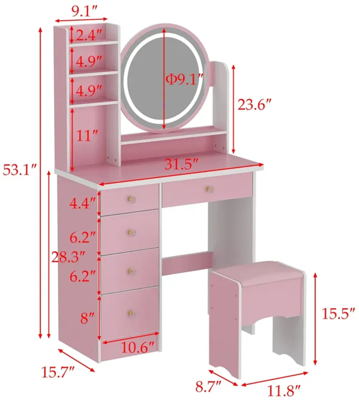 FUFU&GAGA Contemporary Pink Makeup Vanity Set with Round Mirror and Touch Screen Light Adjustment (31.5" W x 15.7" D x 53.1" H), Pink