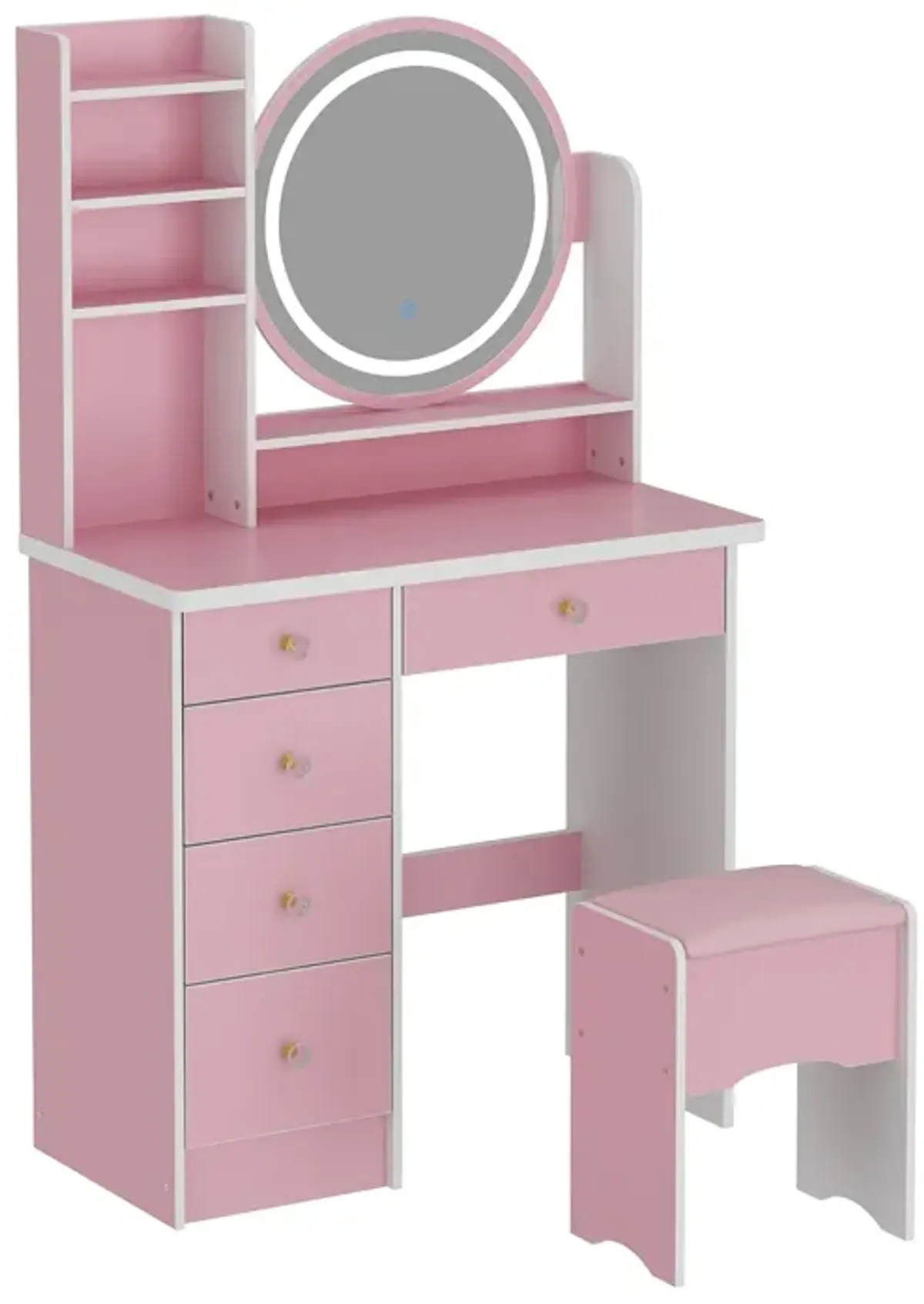 FUFU&GAGA Contemporary Pink Makeup Vanity Set with Round Mirror and Touch Screen Light Adjustment (31.5" W x 15.7" D x 53.1" H), Pink