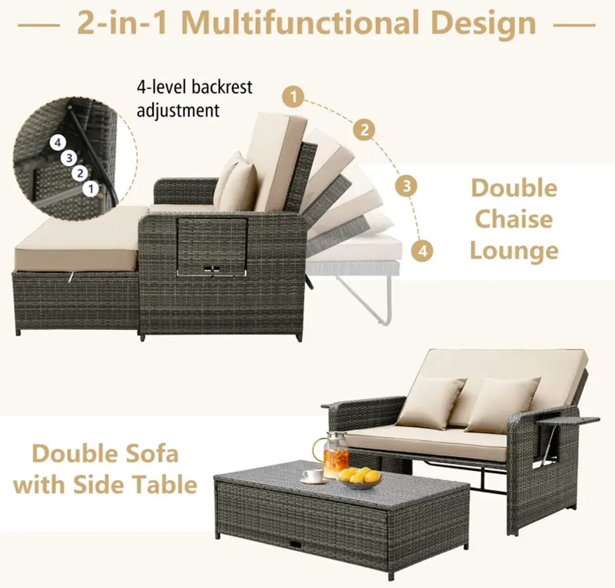 Wicker Loveseat Sofa with Multipurpose Ottoman and Retractable Side Tray