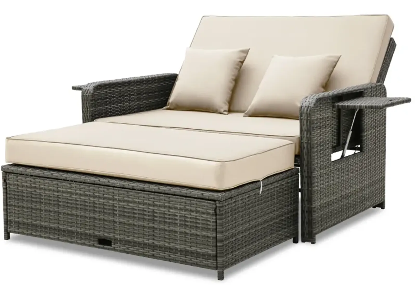 Wicker Loveseat Sofa with Multipurpose Ottoman and Retractable Side Tray