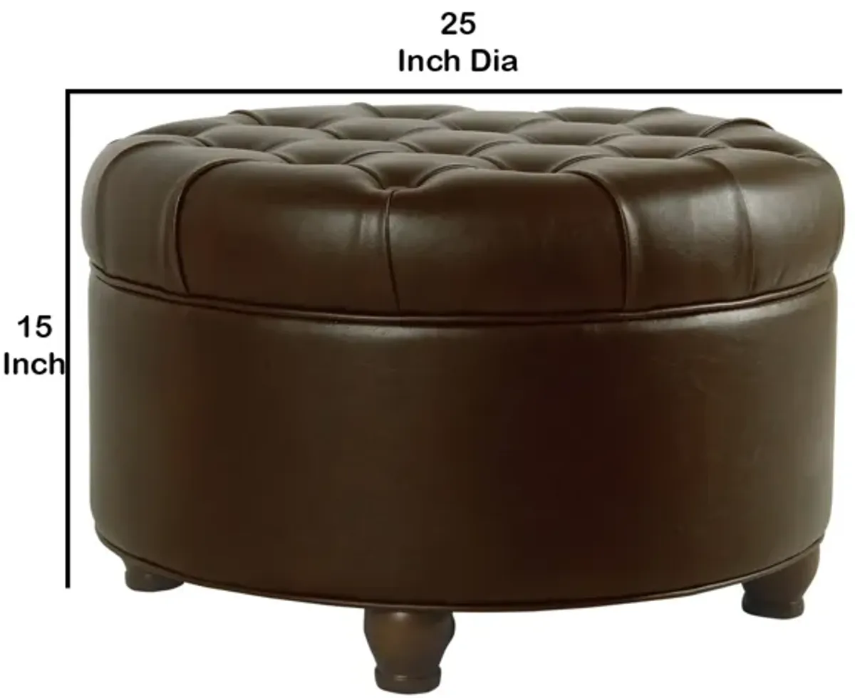 Leatherette Upholstered Wooden Ottoman with Tufted Lift Off Lid Storage, Brown - Benzara