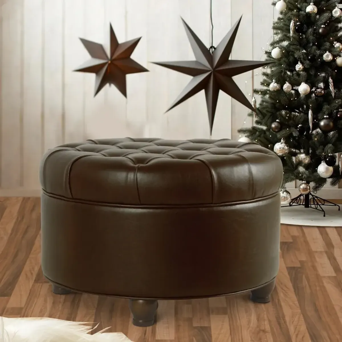 Leatherette Upholstered Wooden Ottoman with Tufted Lift Off Lid Storage, Brown - Benzara