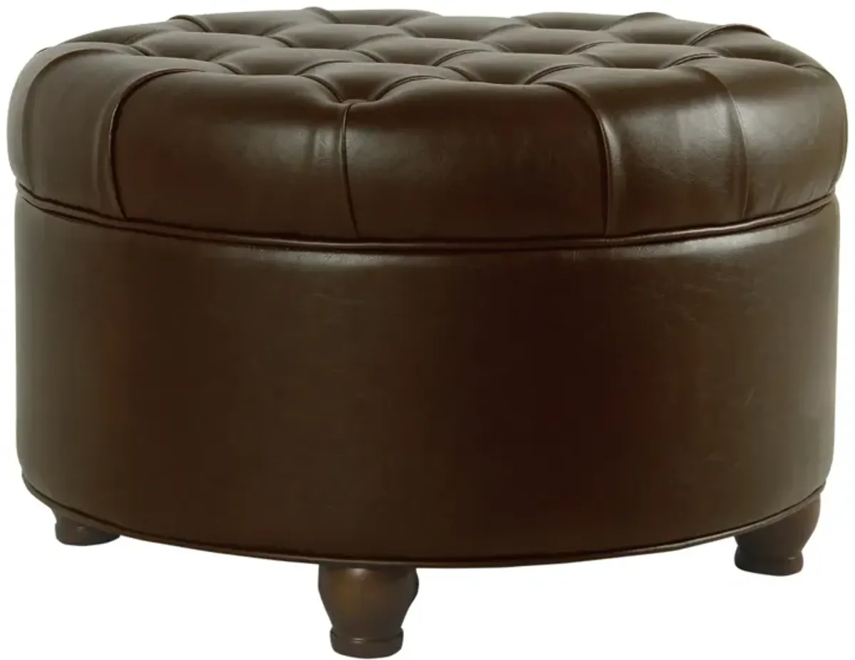 Leatherette Upholstered Wooden Ottoman with Tufted Lift Off Lid Storage, Brown - Benzara