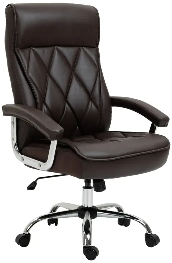 Brown PU Leather Task Chair: Diamond-Stitched, Padded Arms, Swivel