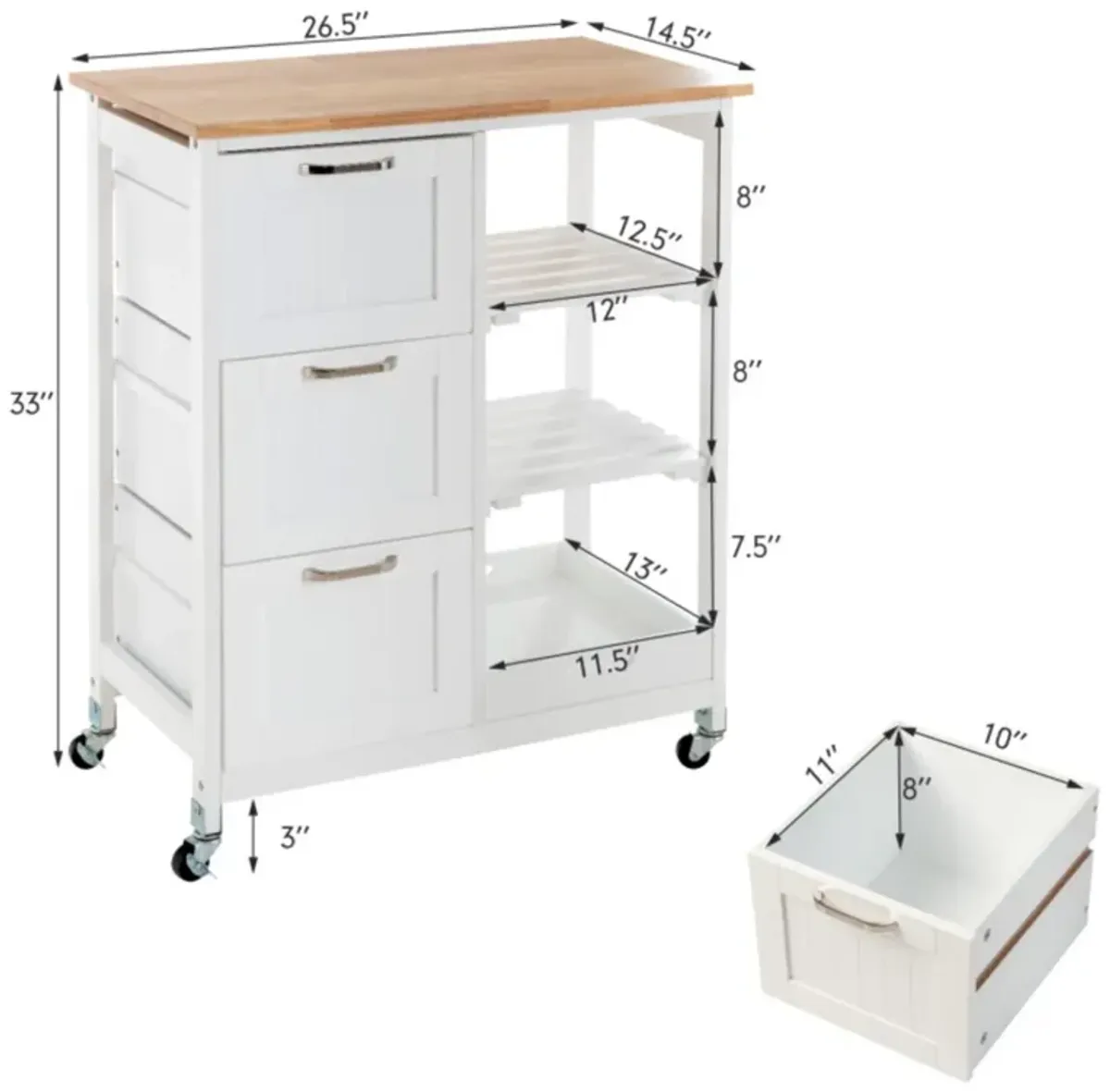 Hivvago Rolling Kitchen Island Utility Storage Cart with 3 Large Drawers