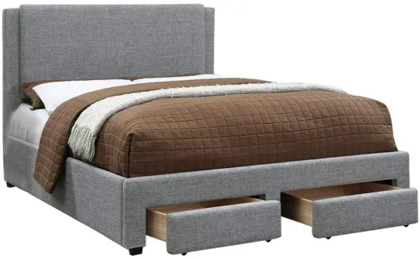 Bovi King Storage Bed, 2 Drawer Footboard, Fully Upholstered Gray Polyester - Benzara