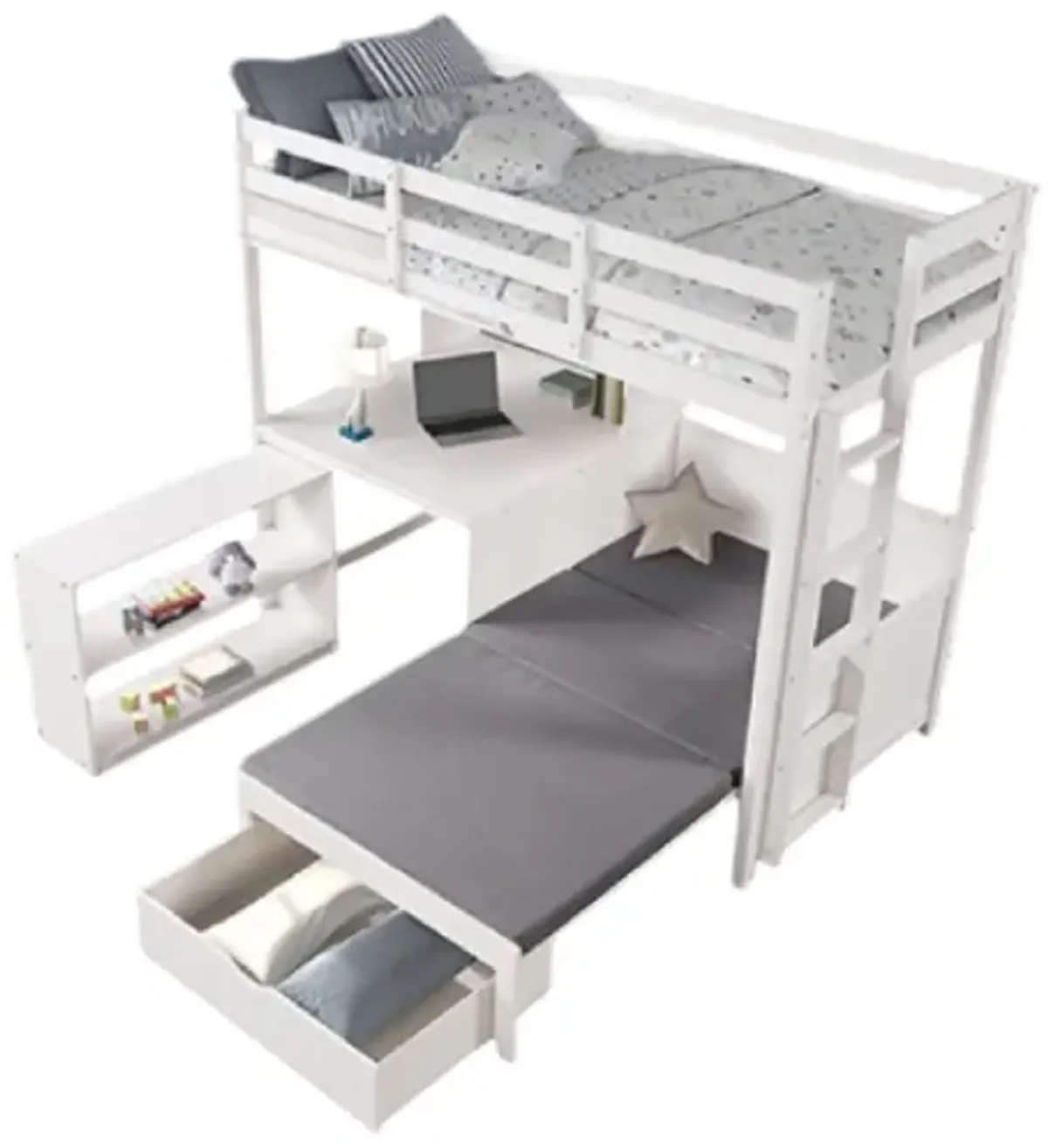Sirius Twin Loft Bed, Bookcase and Desk, Shelf Unit, White Pine Wood - Benzara