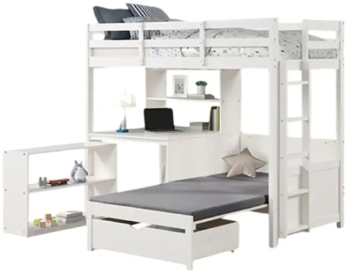 Sirius Twin Loft Bed, Bookcase and Desk, Shelf Unit, White Pine Wood - Benzara