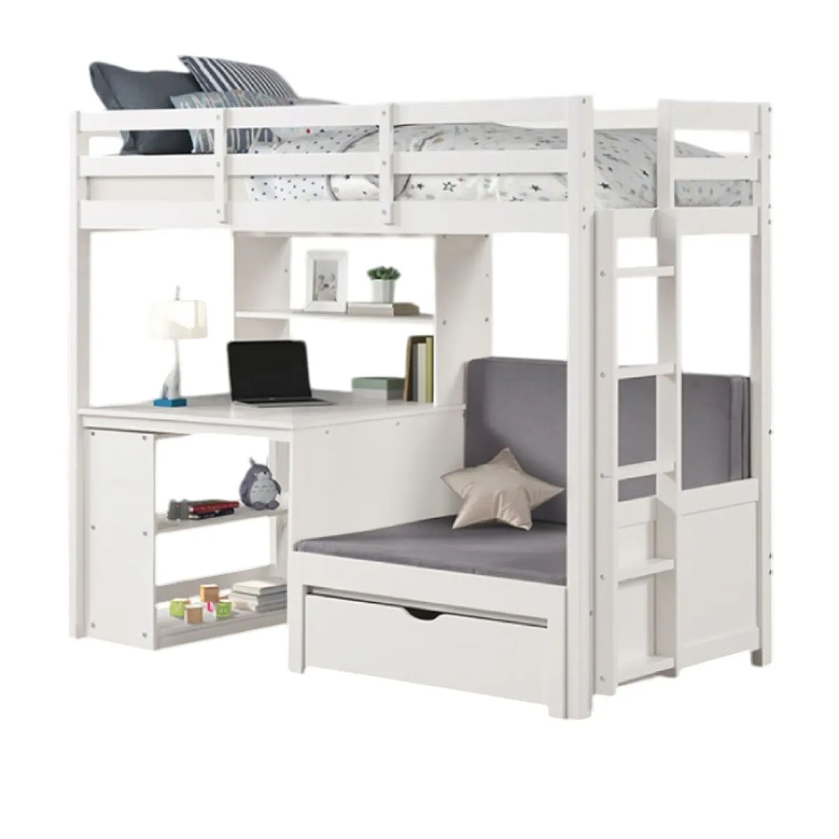 Sirius Twin Loft Bed, Bookcase and Desk, Shelf Unit, White Pine Wood - Benzara