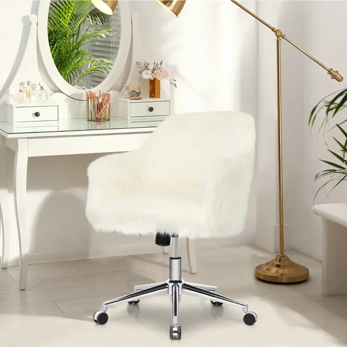 Costway Synthetic Swivel Office Chair Adjustable Task Chair Fluffy Vanity Chair