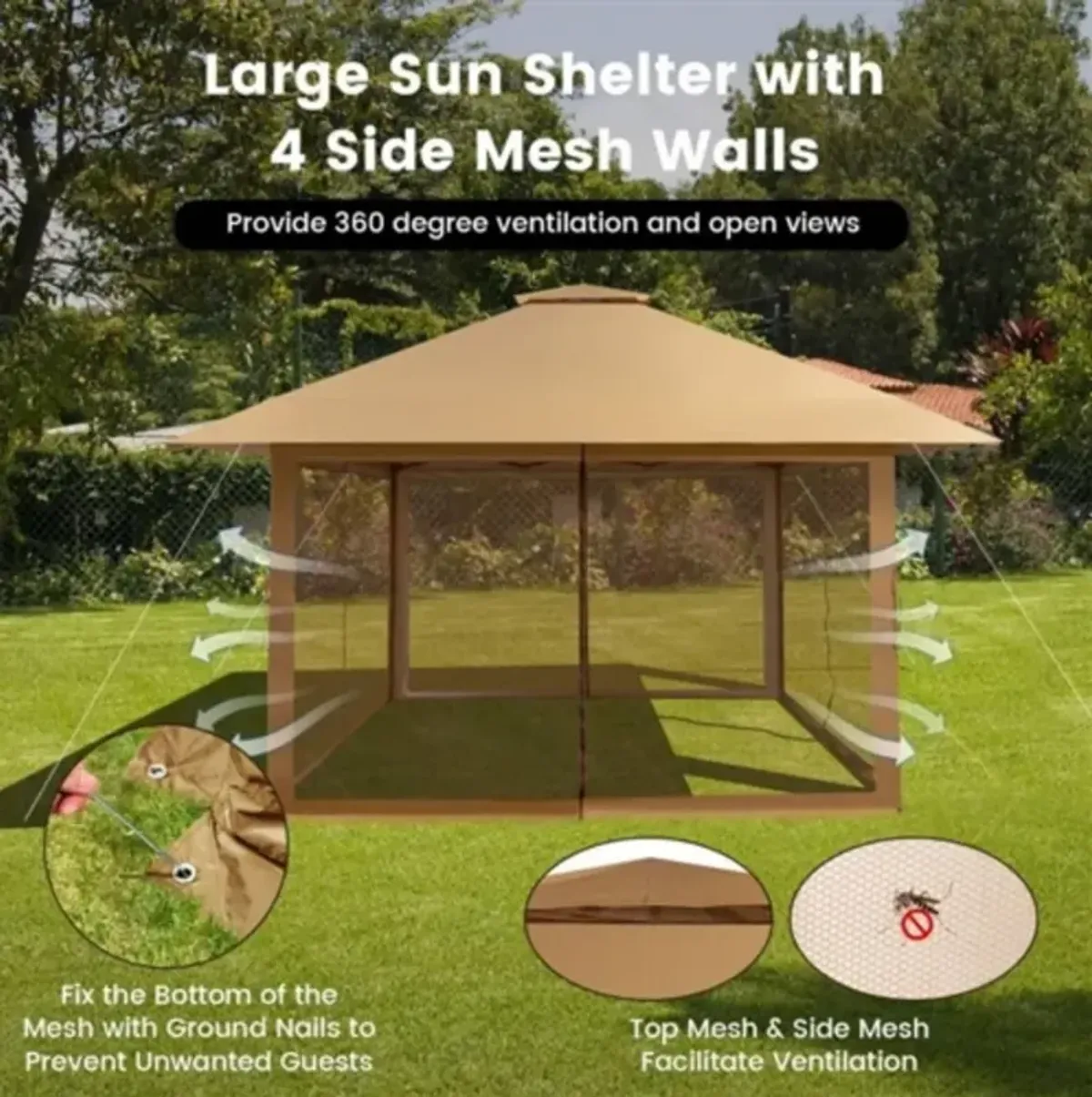 Pop-Up Outdoor Gazebo Canopy with Mesh Mosquito Netting Sidewalls for Patio