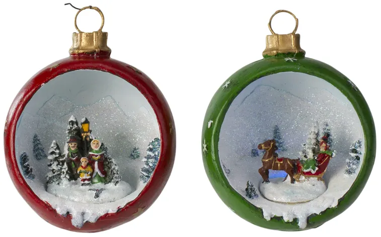 Set of 2 LED Lighted Winter Scene Christmas Ornament Decorations 5.75"